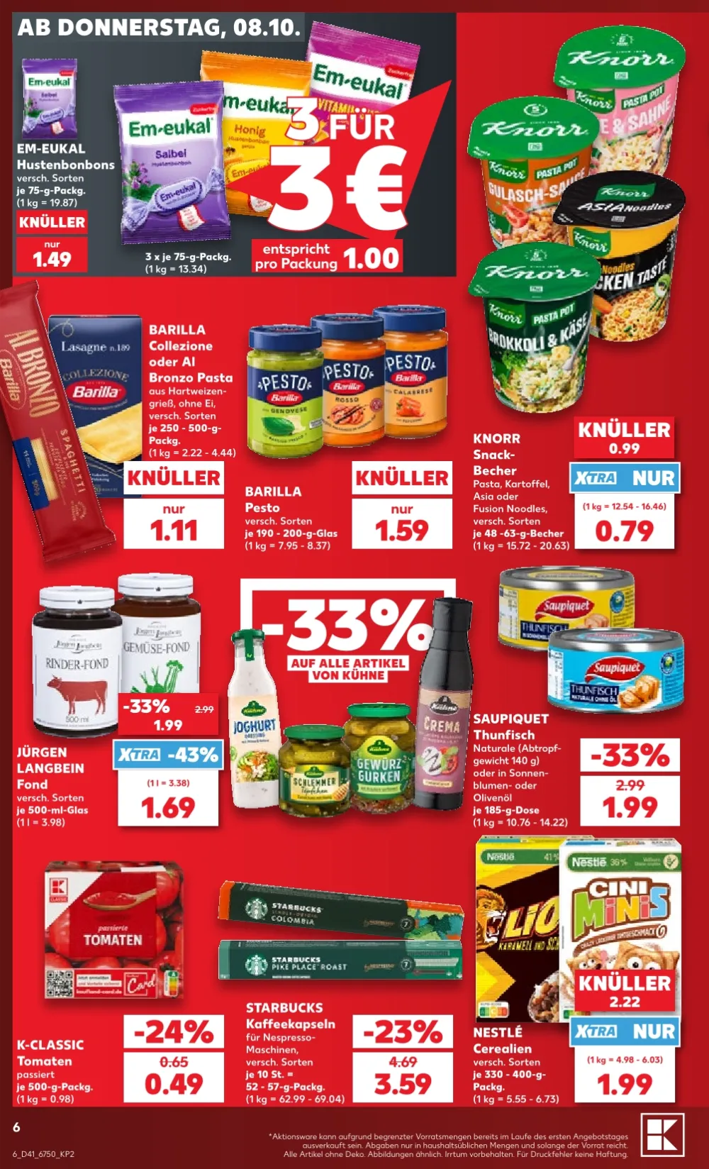 Kaufland Prospekt KW 41 Seite 6 mit Em-eukal Hustenbonbons, Barilla Pasta, Saupiquet Thunfisch & Starbucks Kaffeekapseln