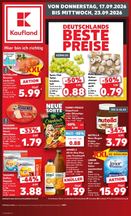 Kaufland Prospekt ab 17.09.2026 (KW 38) Kaufland Angebote ab 17.09.2026 Seite 1 mit Angeboten für Kasseler Lachs, Trauben, Nutella, hohes C und Lenor