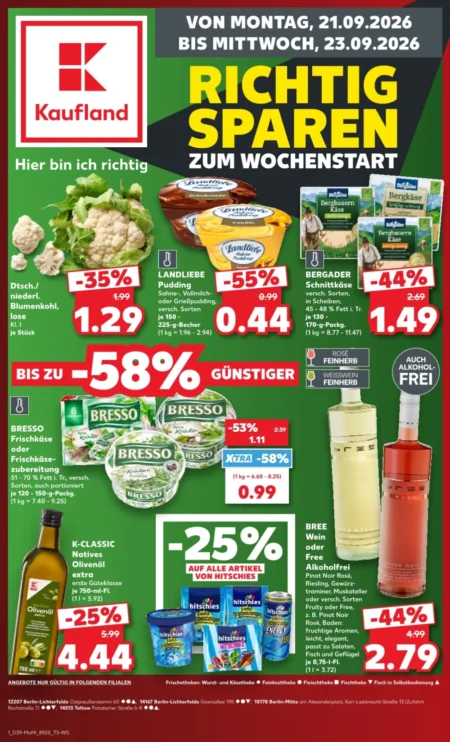 Kaufland Prospekt ab 21.09.2026 (KW 39) Kaufland Prospekt ab 21.09.2026 Seite 1 mit Blumenkohl, Landliebe Pudding, Bergader Käse, Bresso und Olivenöl