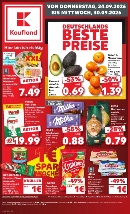 Kaufland Prospekt ab 21.09.2026 (KW 39) Kaufland Prospekt ab 24.09.2026 Seite 1 mit Hähnchen-Minutenschnitzel, Avocados, Mandarinen, Persil, Milka und Crunchips.