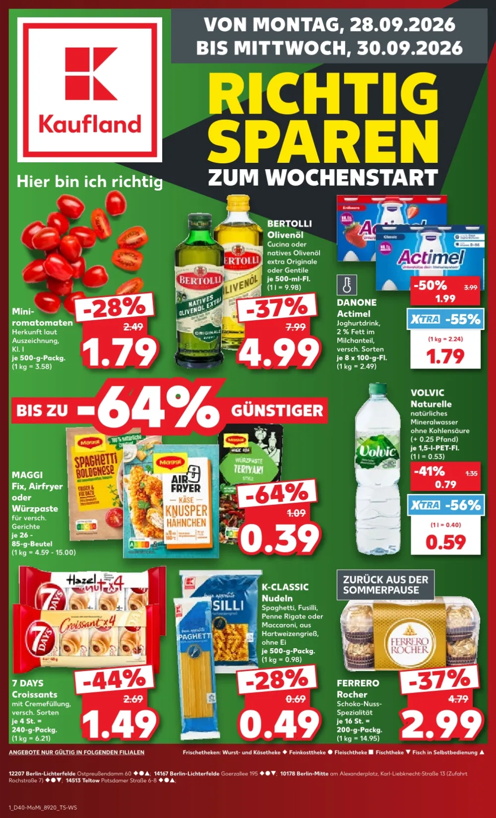 Kaufland Wochenstart Prospekt ab 28.09.2026 Seite 1 mit Romatomaten, Olivenöl, Actimel, Volvic, Croissants und Ferrero Rocher.