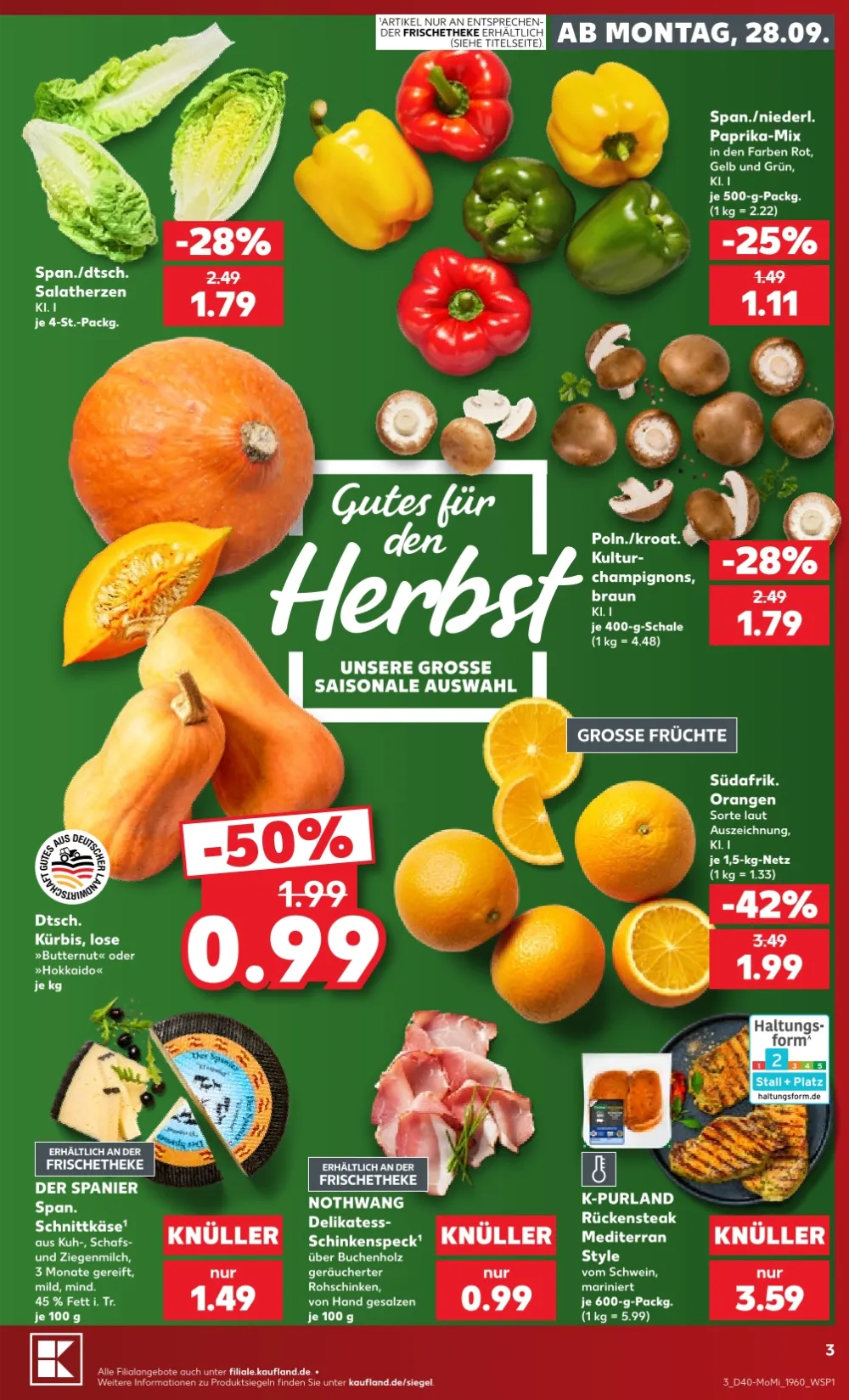 Kaufland Wochenstart Prospekt KW 40 Seite 3 mit Salatherzen, Paprika-Mix, Kürbis, Champignons, Orangen und Rückensteak.
