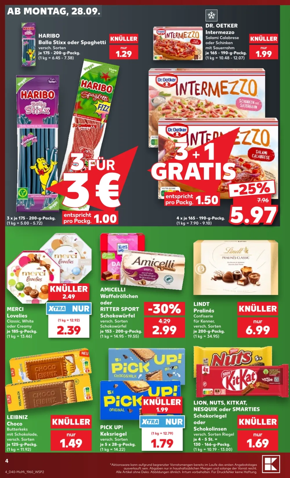 Kaufland Wochenstart Prospekt KW 40 Seite 4 mit Haribo, Intermezzo Pizza, Merci Lovelies, Amicelli, Lindt und Pick Up.