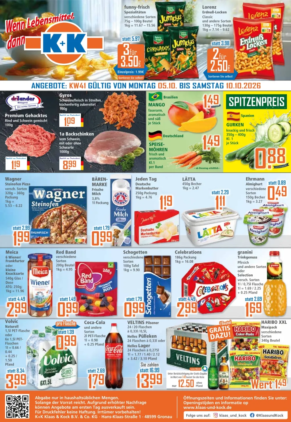 Klaas & Kock Prospekt ab 05.10.2026 Seite 1 mit Gehacktem, Backschinken, Gurken, Wagner Pizza, Lätta und Coca-Cola