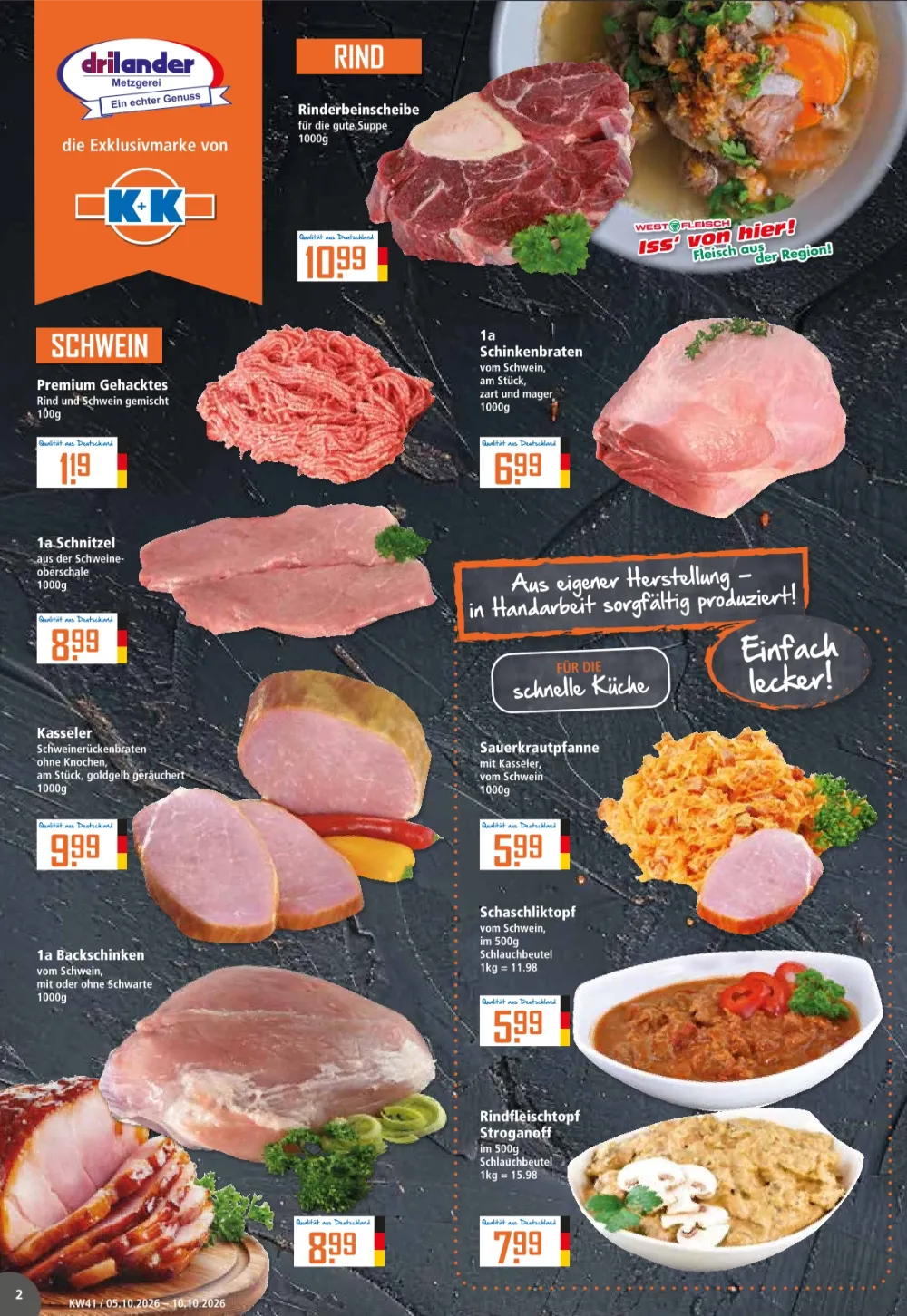 Klaas & Kock Prospekt KW 41 Seite 2 mit Rinderbeinscheiben, Schinkenbraten, Schnitzel, Kasseler und Schaschliktopf