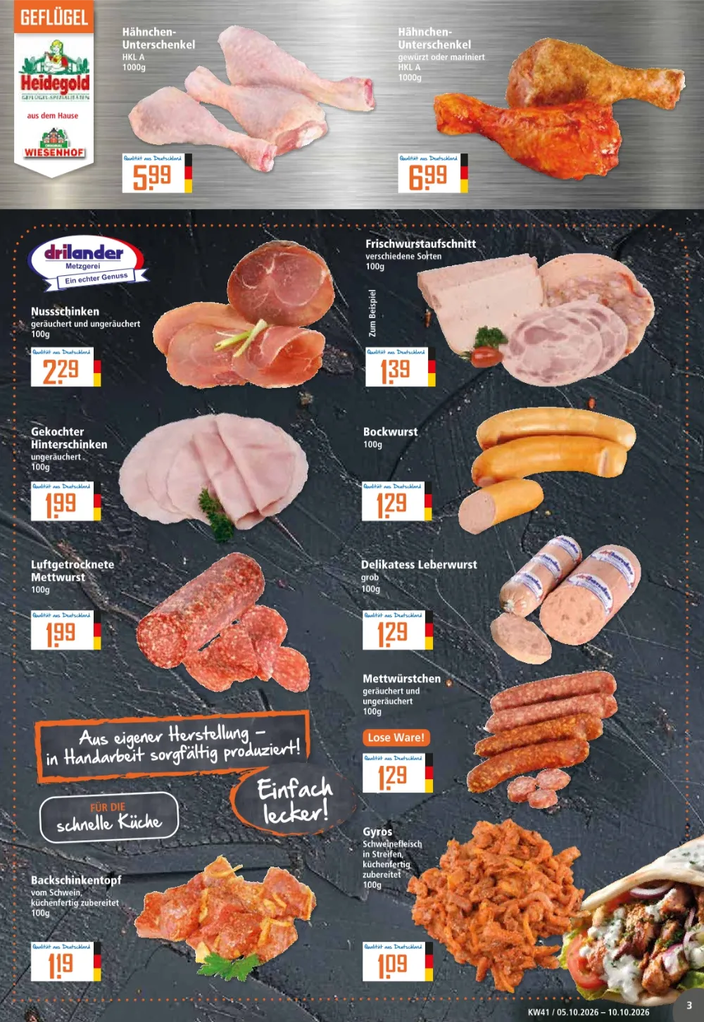 Klaas & Kock Prospekt KW 41 Seite 3 mit Hähnchen-Unterschenkeln, Nussschinken, Bockwurst, Leberwurst und Gyros