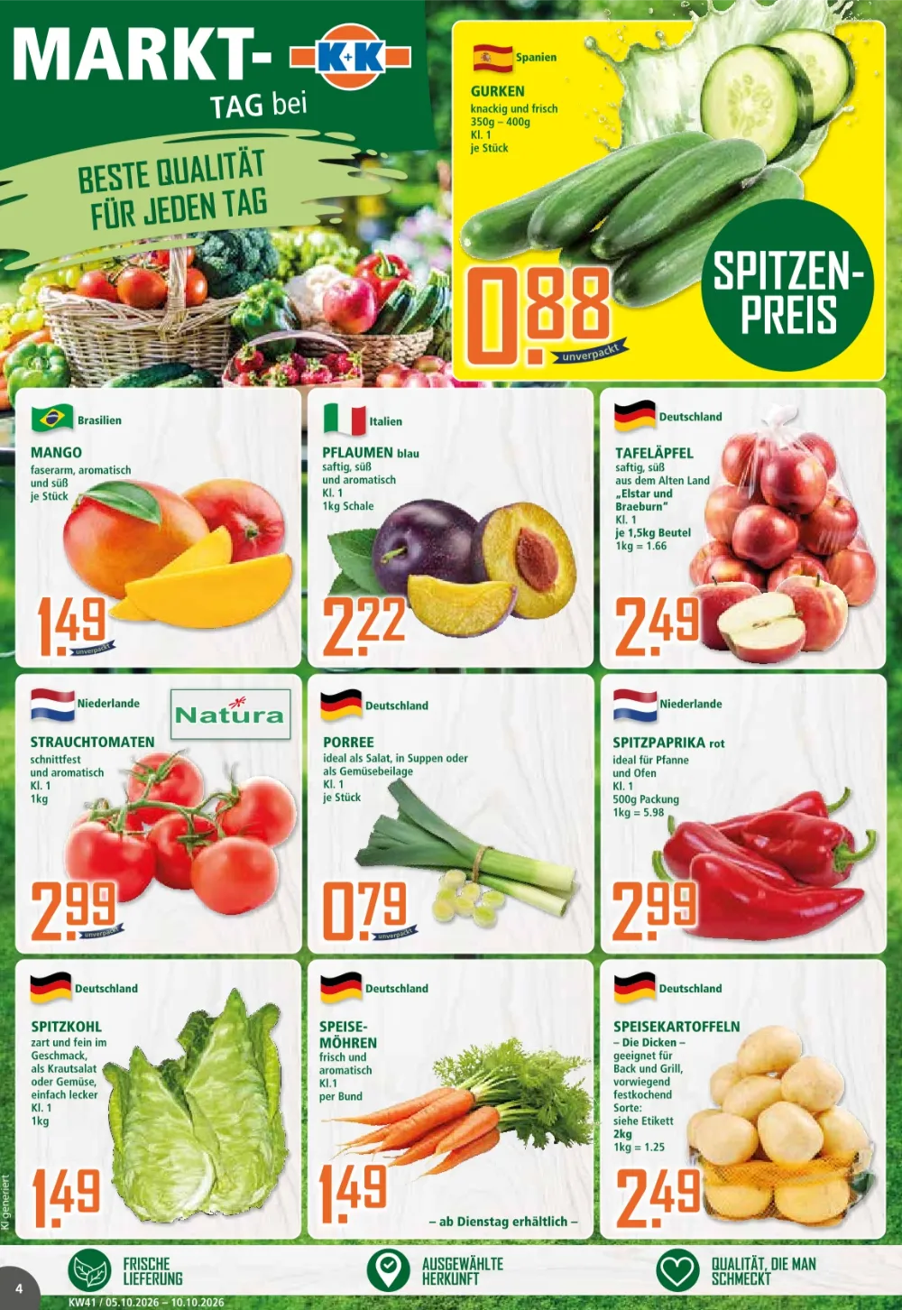 Klaas & Kock Prospekt KW 41 Seite 4 mit Gurken, Mangos, Pflaumen, Äpfeln, Strauchtomaten, Porree und Kartoffeln