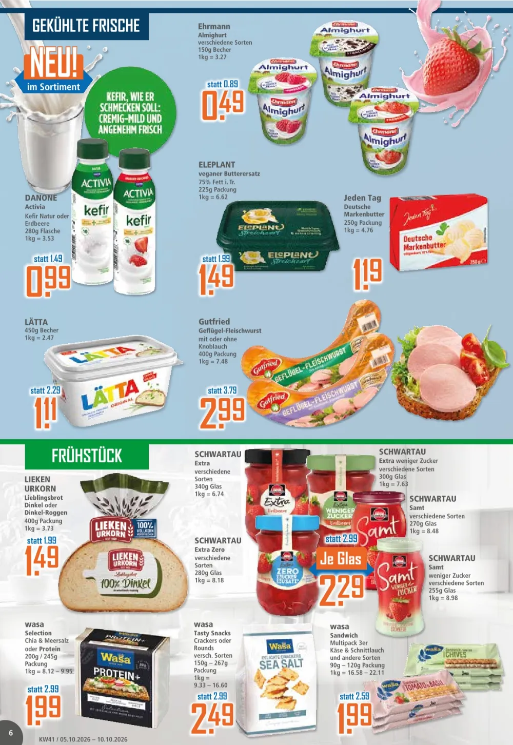 Klaas & Kock Prospekt KW 41 Seite 6 mit Activia Kefir, Eleplant, Gutfried Fleischwurst, Schwartau Konfitüre und Wasa