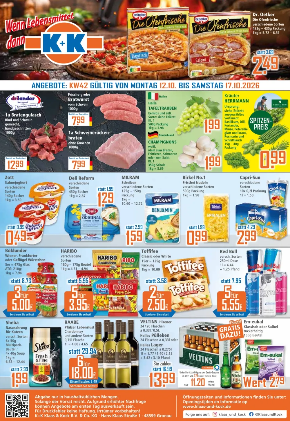 Klaas und Kock Prospekt ab 12.10.2026 Seite 1 mit Dr. Oetker Pizza, Schweinebraten, Tafeltrauben, Zott & Toffifee