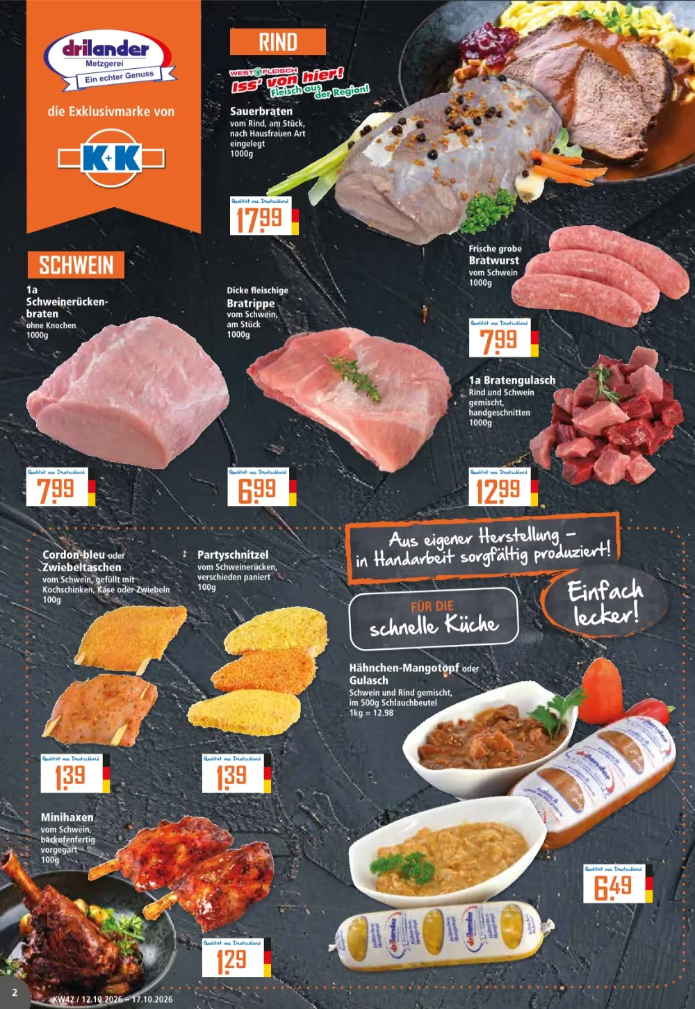 Klaas und Kock Prospekt KW 42 Seite 2 mit Sauerbraten, Schweinerückenbraten, Bratengulasch & Hähnchen-Mangotopf