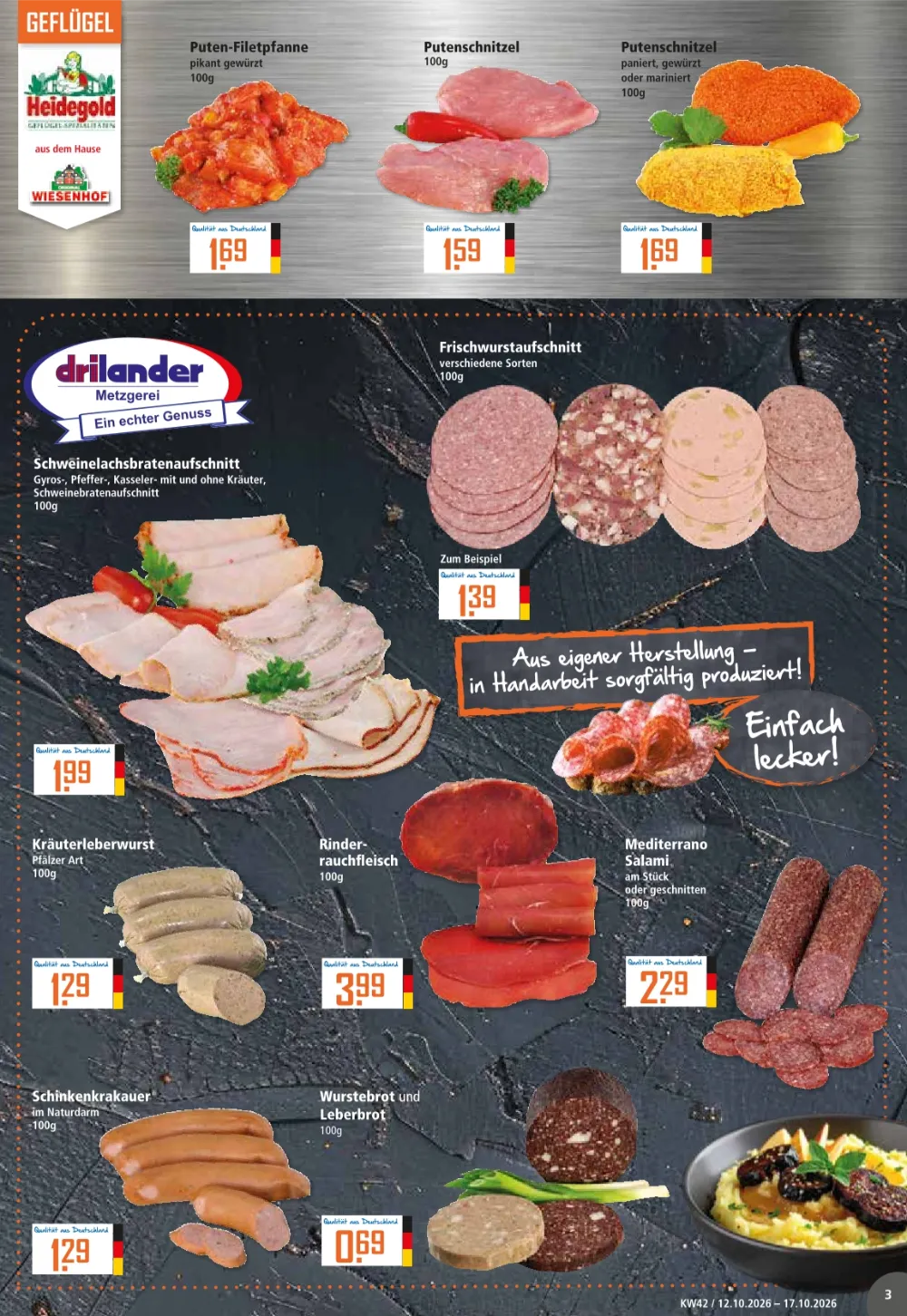 Klaas und Kock Prospekt KW 42 Seite 3 mit Puten-Filetpfanne, Putenschnitzel, Aufschnitt, Kräuterleberwurst & Salami