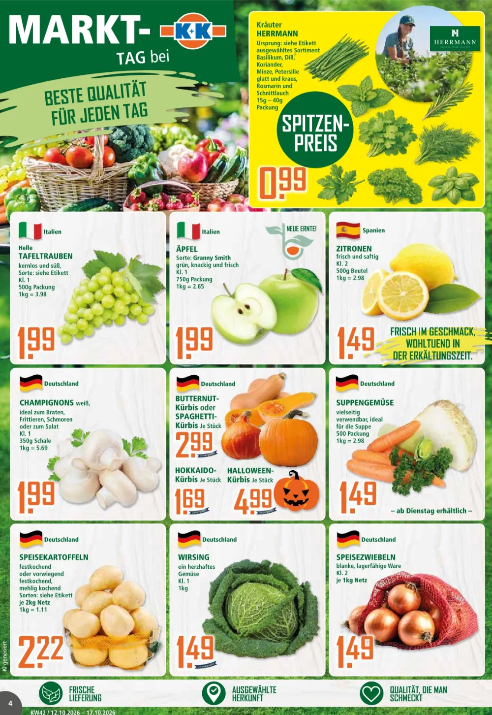 Klaas und Kock Prospekt KW 42 Seite 4 mit Tafeltrauben, Äpfeln, Zitronen, Champignons, Kürbis & Speisekartoffeln