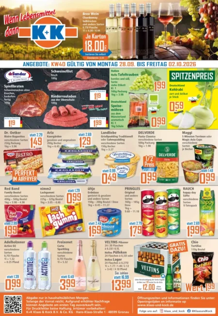 Klaas und Kock Prospekt ab 28.09.2026 (KW 40) K+K Prospekt ab 28.09.2026 Seite 1 mit Wein, Schweinefilet, Rinderrouladen, Kohlrabi, Kaergarden und Pringles.