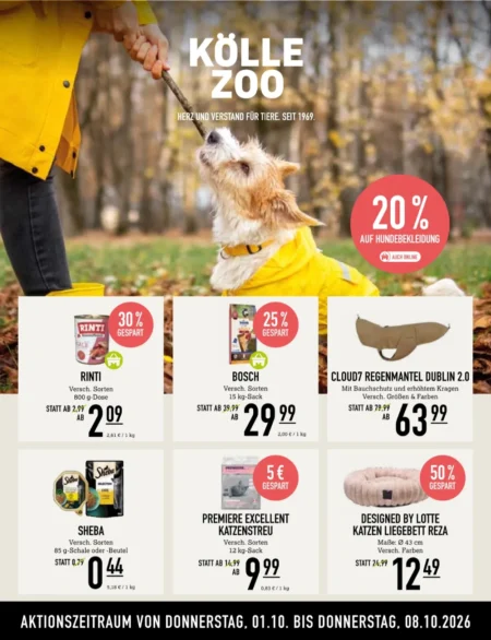 Kölle Zoo Prospekt ab 01.10.2026 (KW 40) Kölle Zoo Prospekt ab 01.10.2026 Seite 1 mit Rinti, Bosch Hundefutter, Sheba, Premiere Katzenstreu und Liegebett.