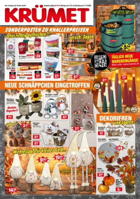 Krümet Prospekt ab 12.10.2026 (KW 42) Krümet Prospekt ab 12.10.2026 Seite 1 mit Dr. Pepper, Toblerone, Haribo, Sägen, Türstopper, Wichtel und Herbstdeko