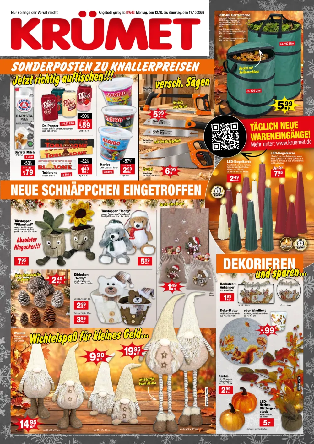 Krümet Prospekt ab 12.10.2026 Seite 1 mit Dr. Pepper, Toblerone, Haribo, Sägen, Türstopper, Wichtel und Herbstdeko