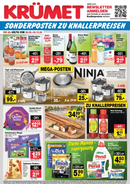 Krümet Prospekt ab 28.09.2026 (KW 40) Krümet Prospekt ab 28.09.2026 Seite 1 mit Schöfferhofer, Ninja Pfannen, Quality Street, Milka, Finish und Persil.