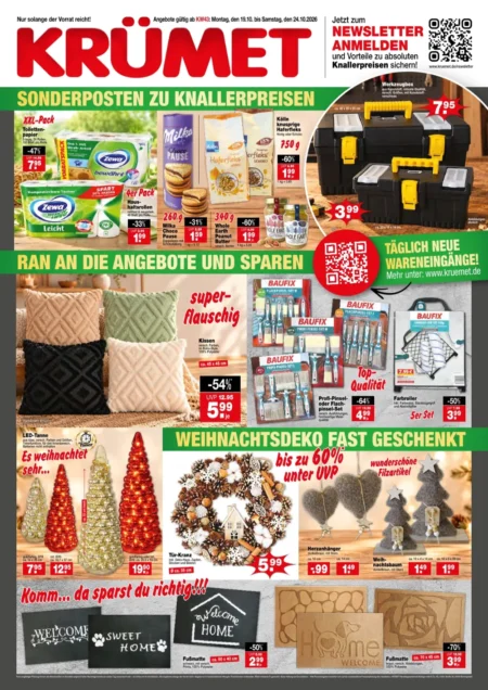 Krümet Prospekt ab 19.10.2026 (KW 43) Krümet Prospekt ab 19.10.2026 Seite 1 mit Zewa Toilettenpapier, Milka Choco Pause, Baufix Pinsel-Set & LED-Tanne