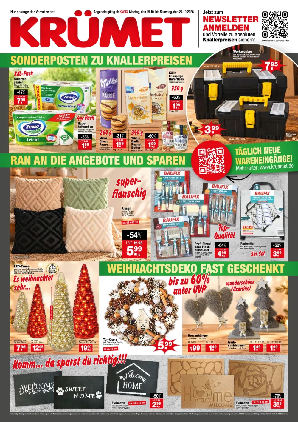 Krümet Prospekt ab 19.10.2026 Seite 1 mit Zewa Toilettenpapier, Milka Choco Pause, Baufix Pinsel-Set & LED-Tanne