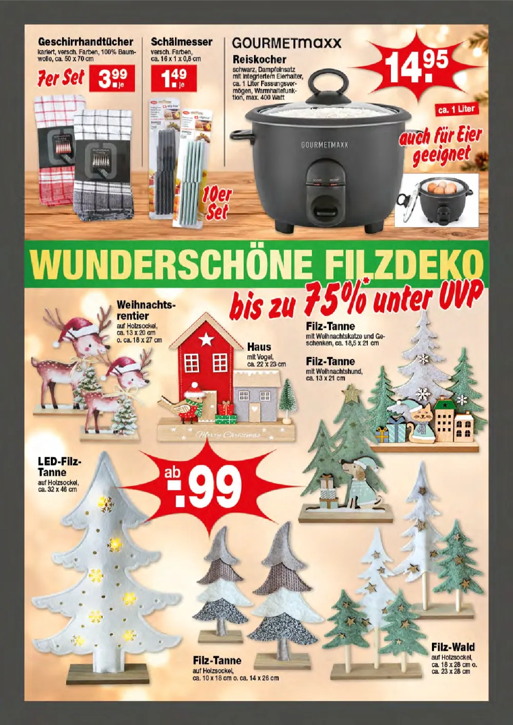 Krümet Prospekt KW 43 Seite 5 mit Geschirrhandtücher, Schälmesser, Gourmetmaxx Reiskocher & Filz-Weihnachtsdeko