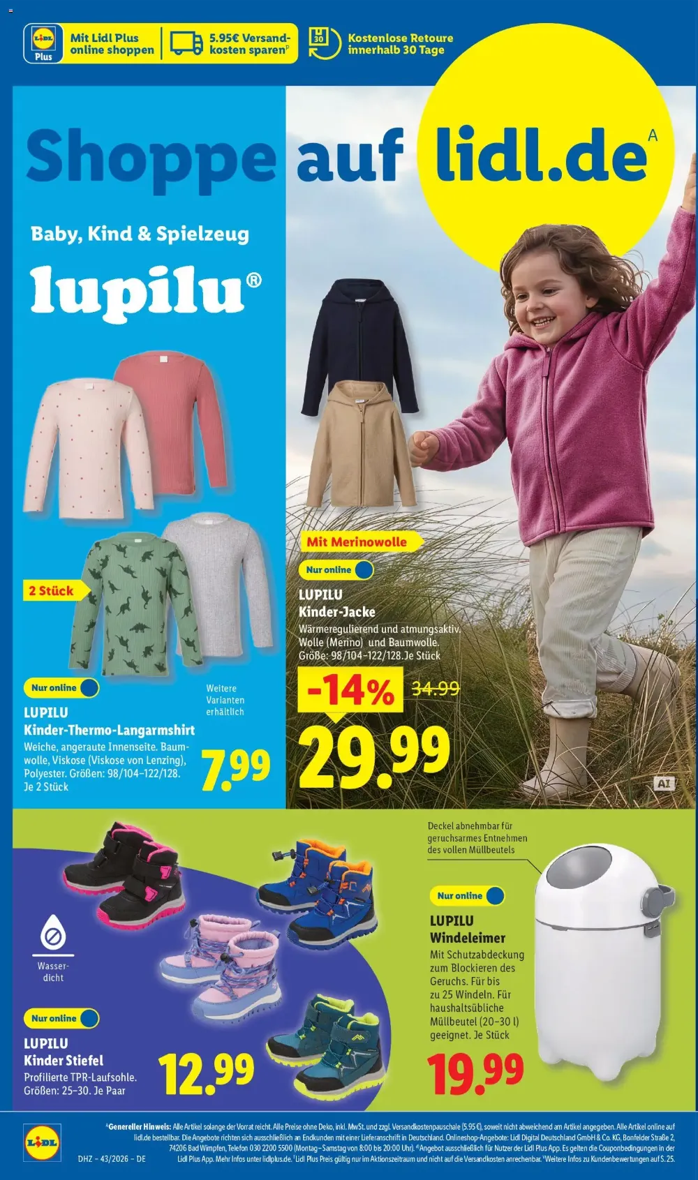 Lidl Angebote KW 43 Seite 2 mit Angeboten für Lupilu Kinder-Jacke, Thermo-Langarmshirt, Kinder-Stiefel & Windeleimer