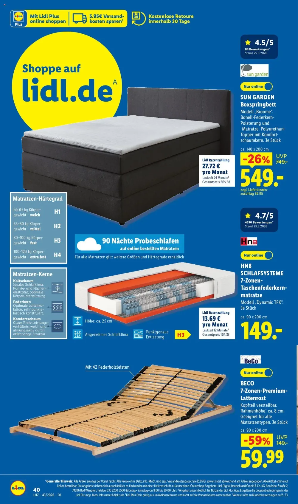 Lidl Angebote KW 43 Seite 4 mit Angeboten für Sun Garden Boxspringbett, HN8 Matratze & Beco Lattenrost