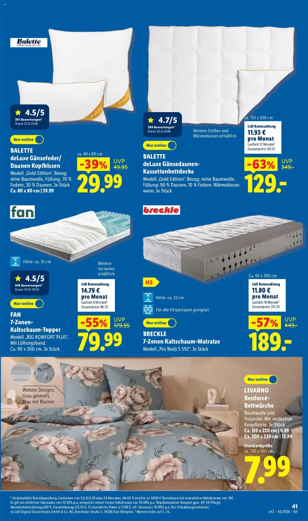 Lidl Angebote KW 43 Seite 5 mit Angeboten für Balette Bettdecke, Fan Kaltschaum-Topper & Breckle Matratze