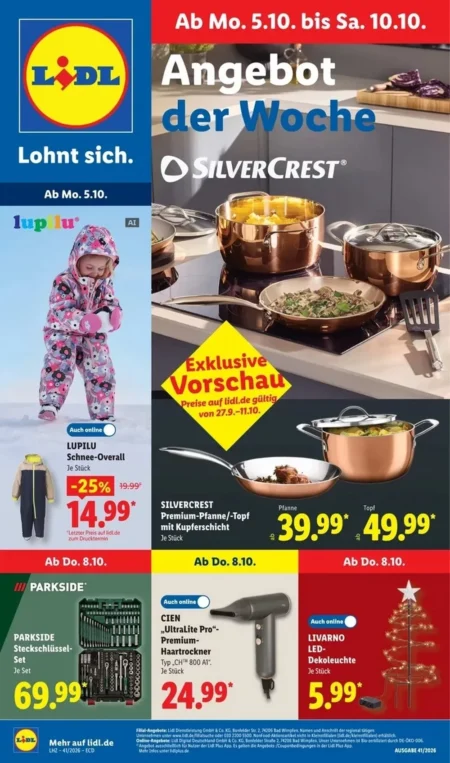 Lidl Prospekt ab 05.10.2026 (KW 41) Lidl Prospekt ab 05.10.2026 Seite 25 mit Parkside Montagekleber, Heizgebläse, Lötkolben-Set und Heißluftgebläse.