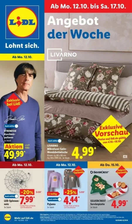 Lidl Prospekt ab 12.10.2026 (KW 42) Lidl Prospekt ab 12.10.2026 Seite 1 mit Strenesse Kaschmirpullover, Livarno Bettwäsche und Silvercrest Servierplatte.