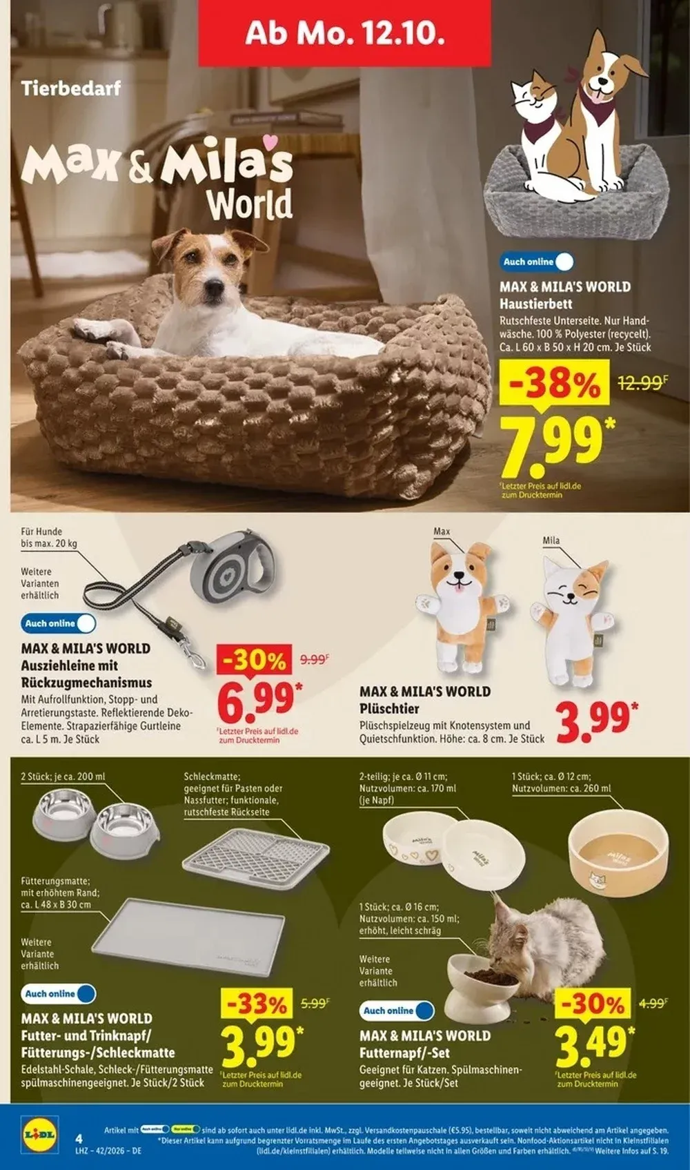Lidl Prospekt KW42 Seite 2 mit Max & Mila's World Haustierbett, Ausziehleine, Plüschtier und Futternapf.