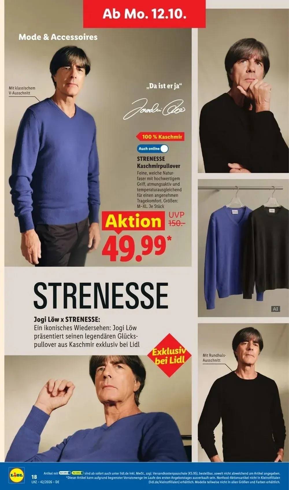 Lidl Prospekt KW42 Seite 3 mit Jogi Löw x Strenesse Kaschmirpullover mit V-Ausschnitt und Rundhals-Ausschnitt.