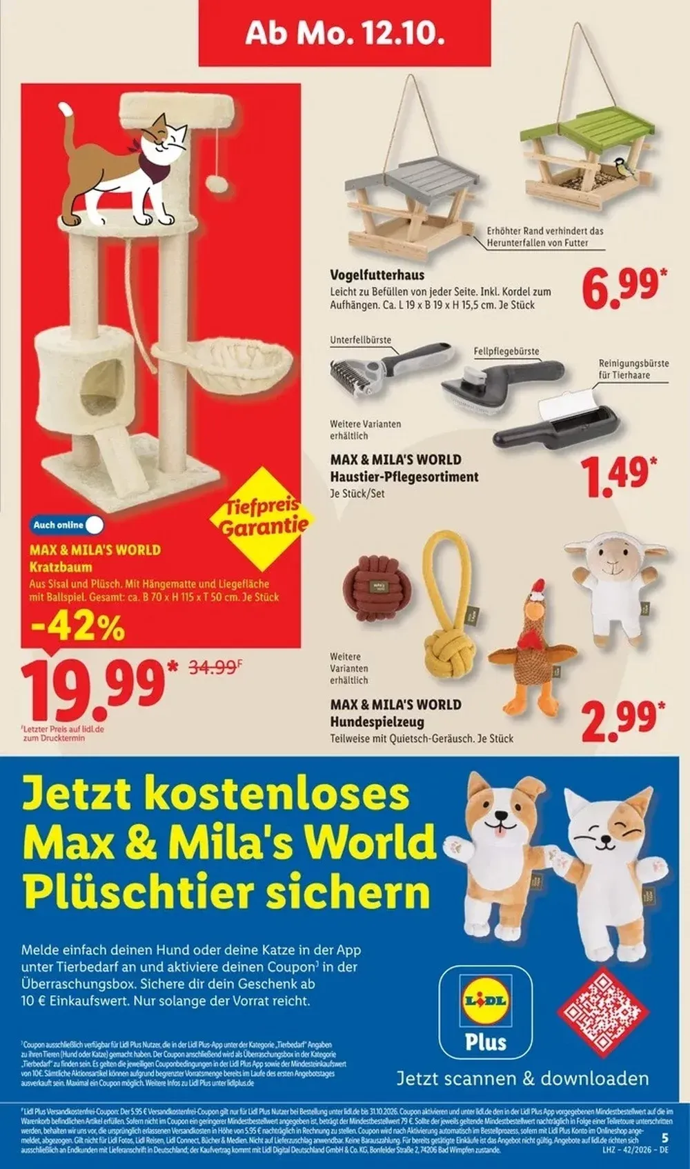 Lidl Prospekt KW42 Seite 4 mit Max & Mila's World Kratzbaum, Vogelfutterhaus, Pflegebürsten und Hundespielzeug.