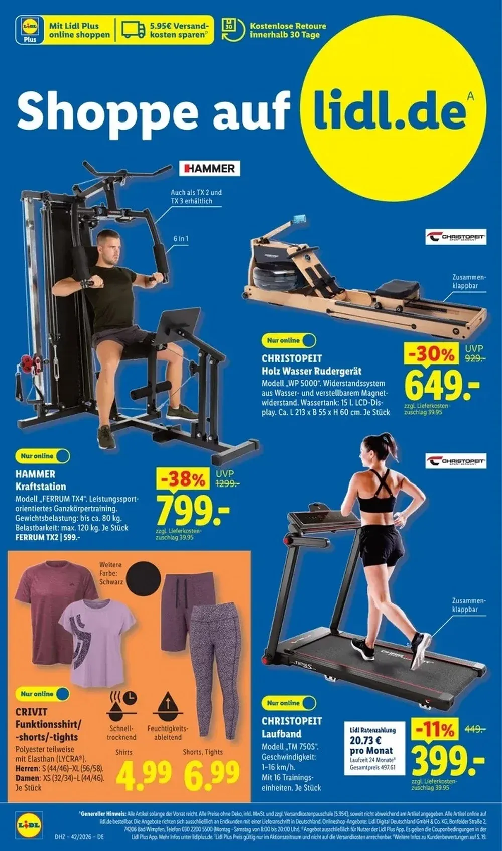 Lidl Prospekt KW42 Seite 5 mit Hammer Kraftstation, Christopeit Rudergerät, Laufband und Crivit Sportbekleidung.