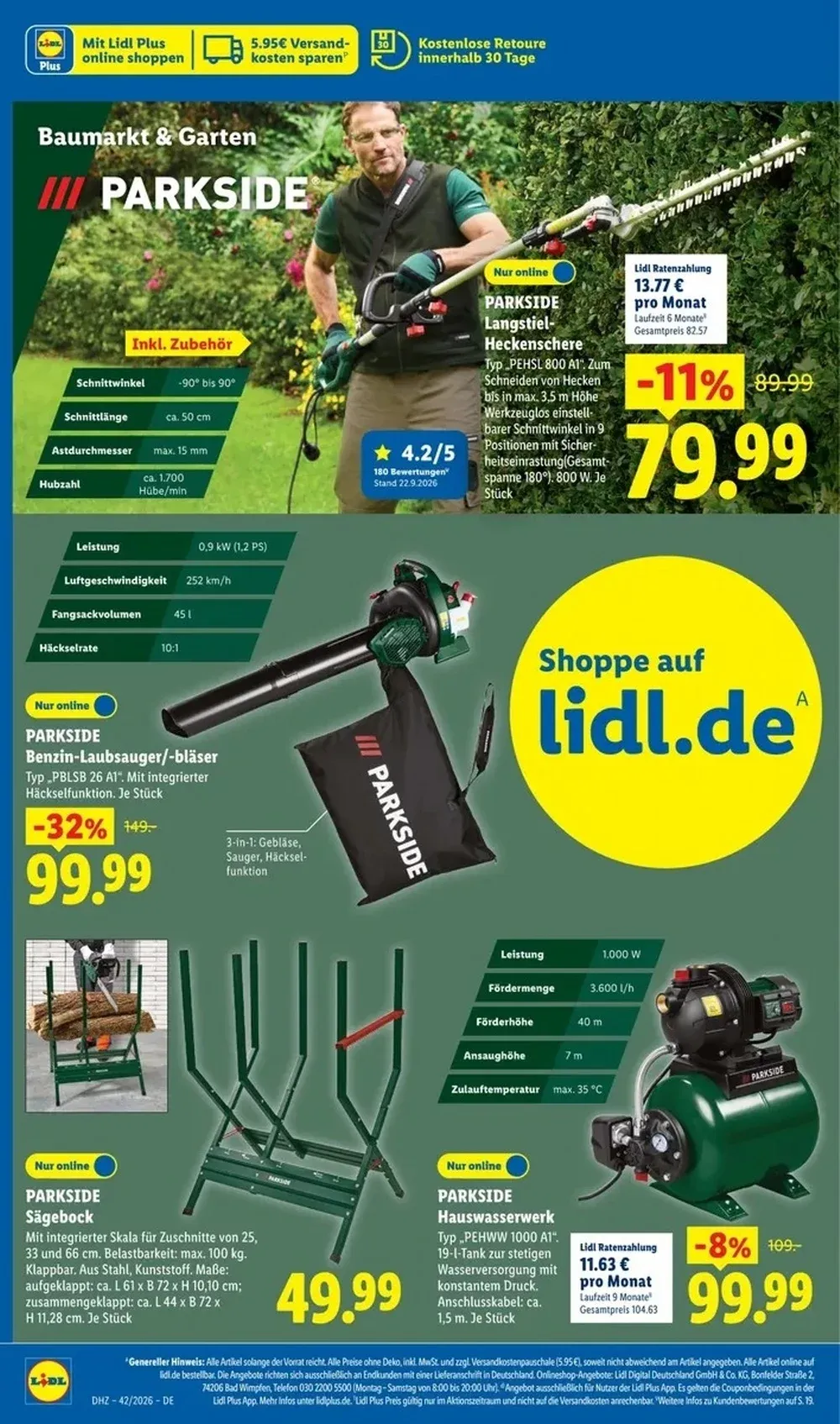 Lidl Prospekt KW42 Seite 6 mit Parkside Langstiel-Heckenschere, Benzin-Laubsauger, Sägebock und Hauswasserwerk.