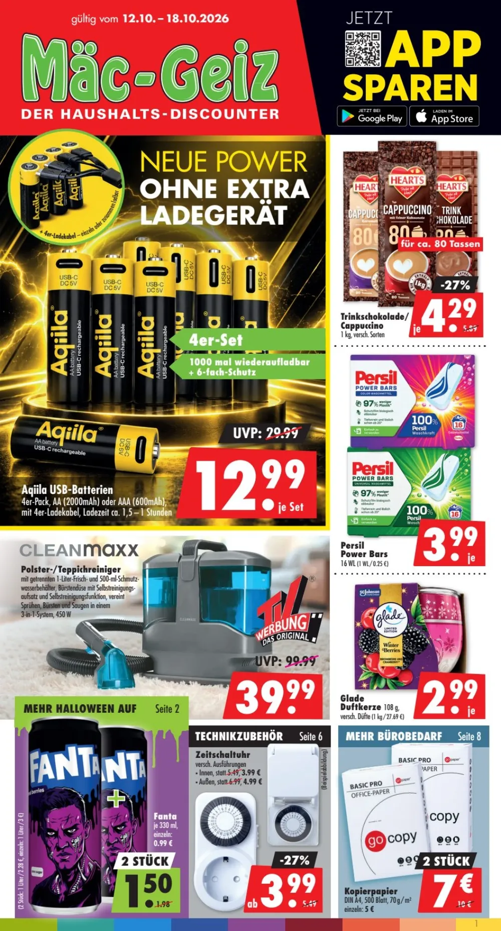 Mäc-Geiz Prospekt ab 12.10.2026 Seite 1 mit USB-Batterien, Cappuccino, Persil, Teppichreiniger, Glade Kerze, Fanta und Kopierpapier