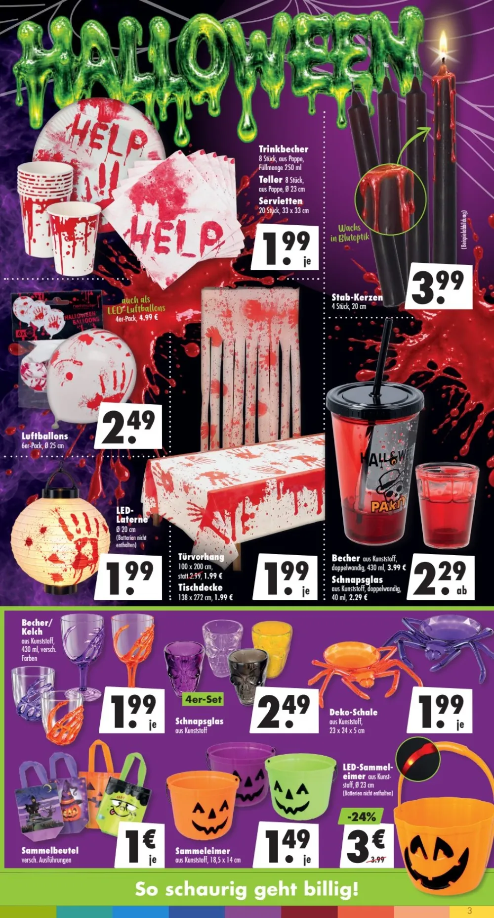 Mäc-Geiz Prospekt KW 42 Seite 3 mit Halloween Pappbechern, Tellern, Servietten, Stabkerzen, Luftballons, Tischdecke und Eimern