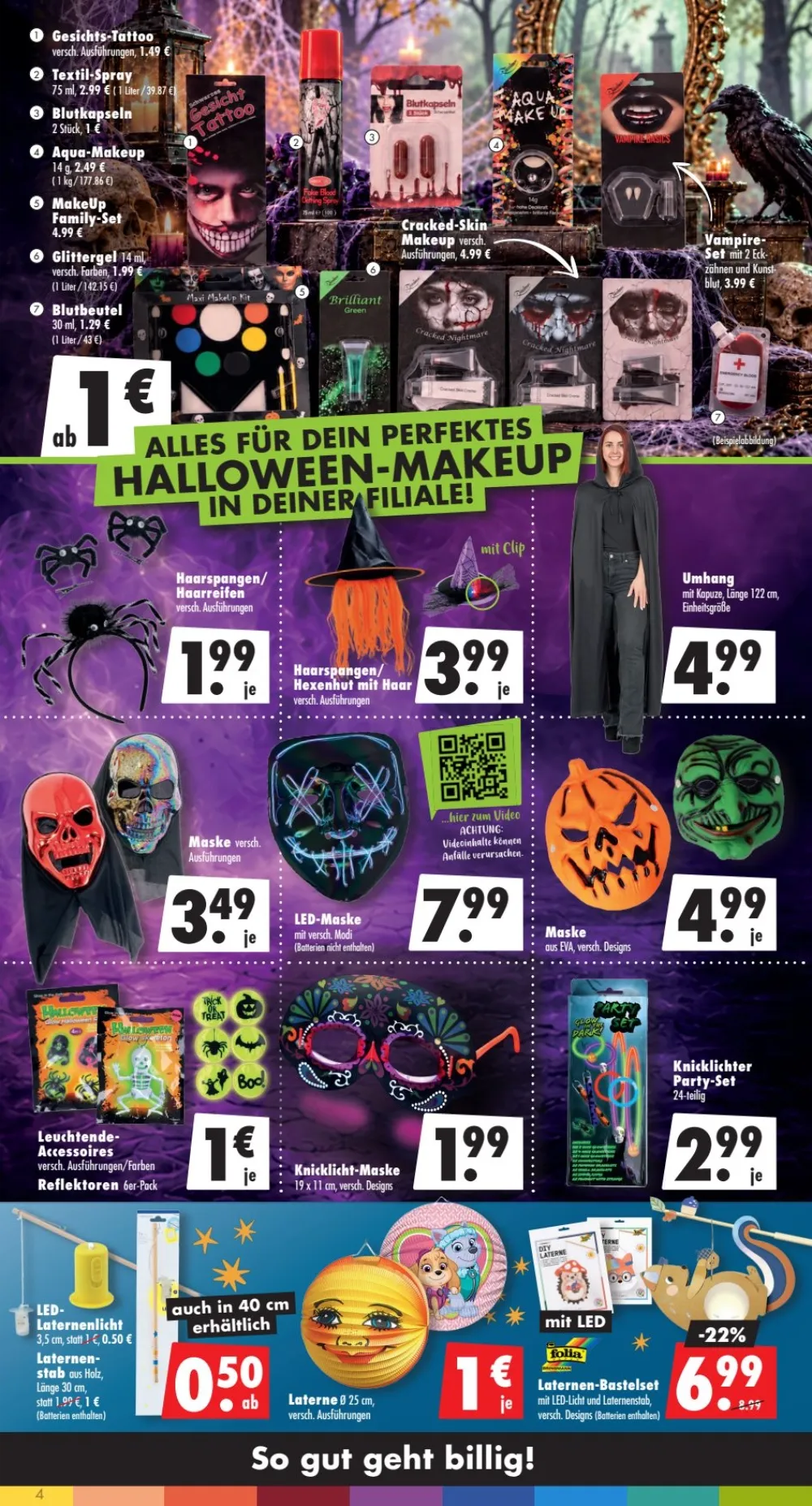 Mäc-Geiz Prospekt KW 42 Seite 4 mit Halloween-Make-up, Umhang, Masken, Knicklichtern, Lampions und Laternen-Bastelset