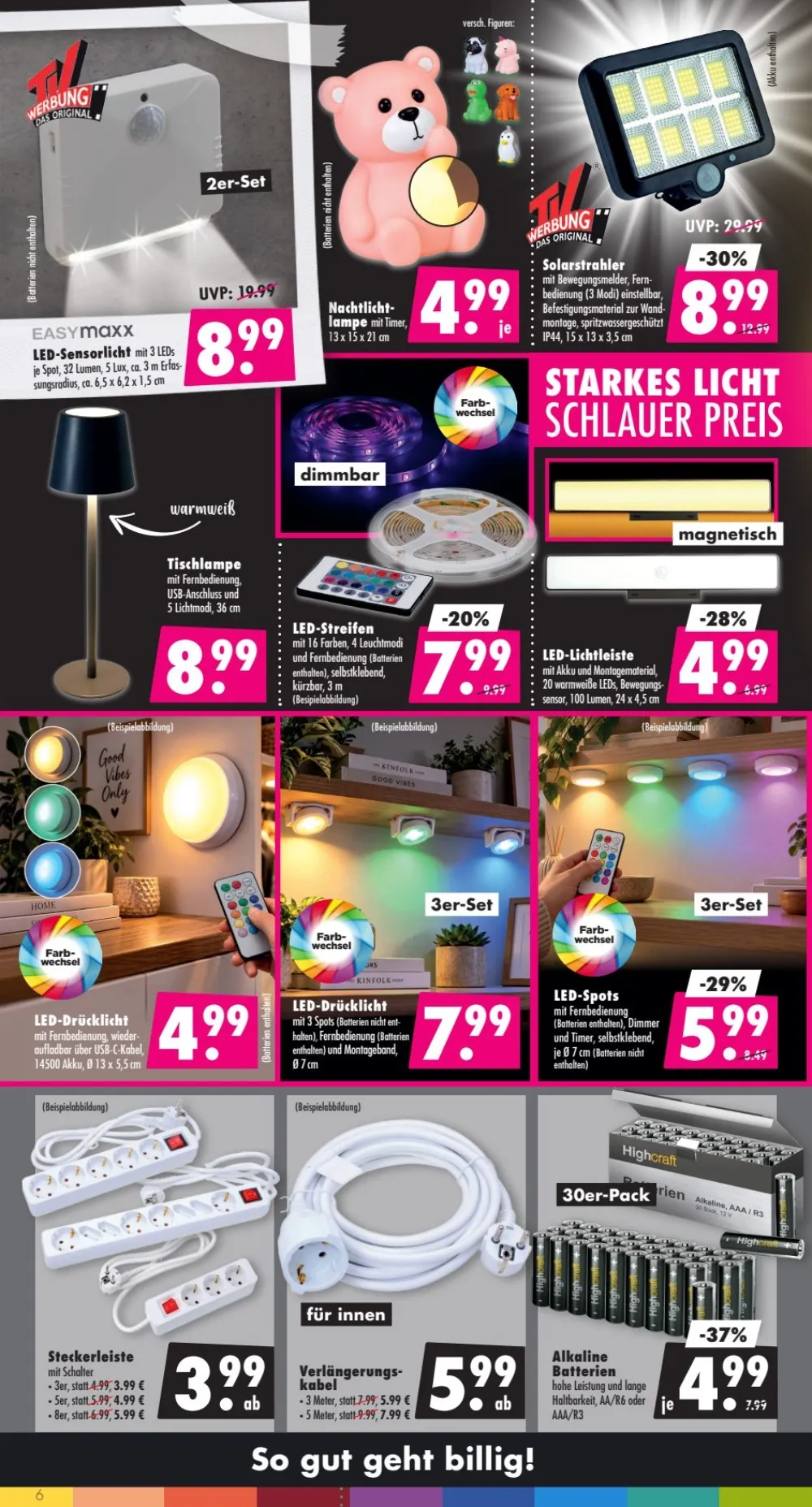 Mäc-Geiz Prospekt KW 42 Seite 6 mit LED-Sensorlicht, Nachtlicht, Tischlampe, LED-Streifen, Steckerleiste und Batterien