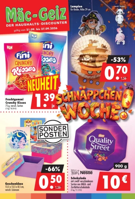Mäc Geiz Prospekt ab 21.09.2026 (KW 39) Mäc-Geiz Prospekt ab 21.09.2026 Seite 1 mit Fini Crunchy Kisses, Kinder Lampion, Geschenkbox und Quality Street