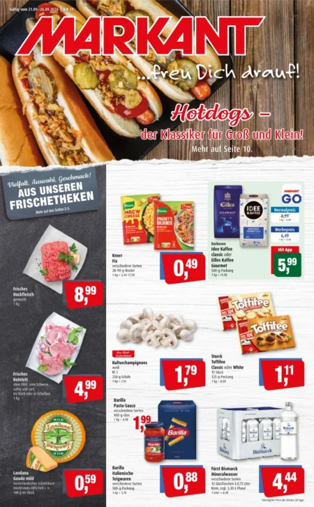 Markant Angebote im Prospekt ab 21.09.2026 (KW 39) Nord Markant Angebote ab 21.09.2026 Seite 1 mit Angeboten für Hotdogs, Hackfleisch, Toffifee, Barilla & Kaffee