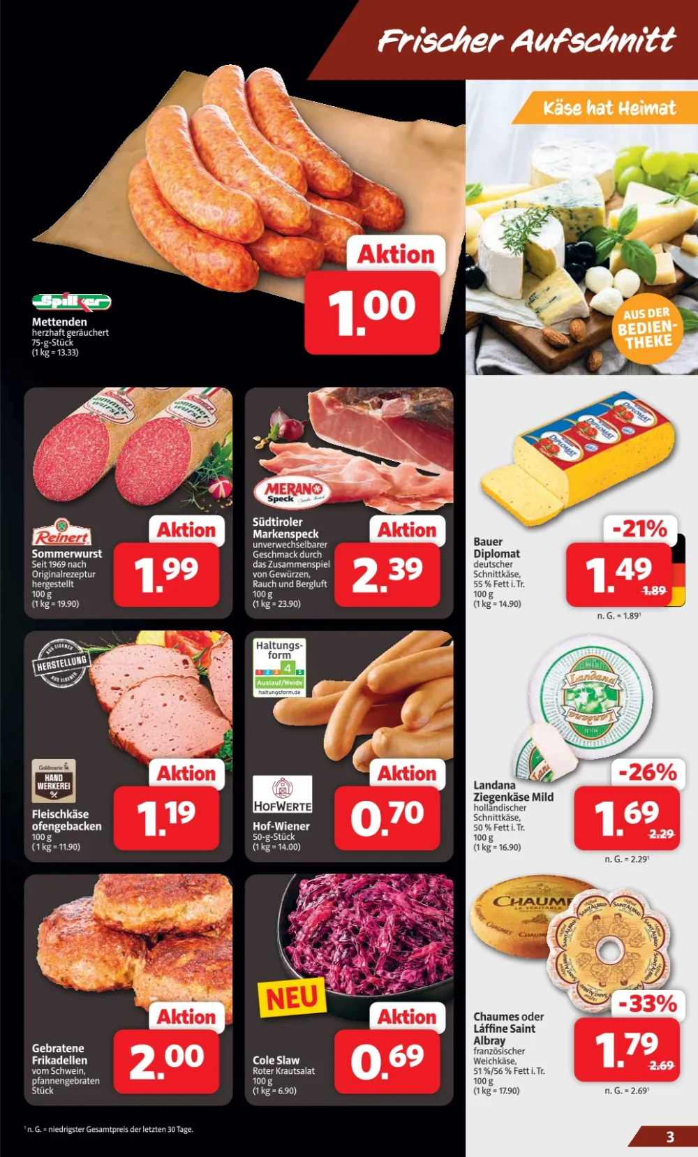 Markant Nordwest Prospekt KW 42 Seite 3 mit Mettenden, Sommerwurst, Südtiroler Markenspeck, Bauer Diplomat & Landana Ziegenkäse