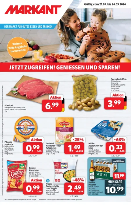 Markant Nordwest Prospekt ab 21.09.2026 (KW 39) Markant Prospekt ab 21.09.2026 Seite 1 mit Schnitzel, Kartoffeln, Gutfried, Müller Joghurt, Lorenz Crunchips und Veltins.