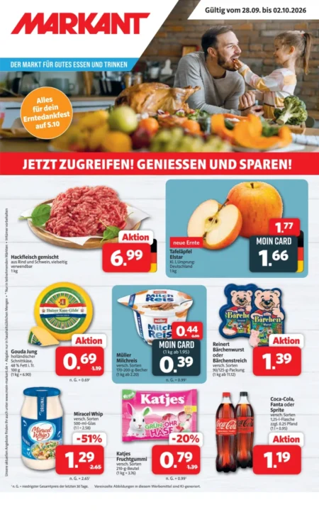 Markant Prospekt ab 28.09.2026 (KW 40) Nordwest Markant Nordwest Prospekt ab 28.09.2026 Seite 1 mit Hackfleisch, Tafeläpfeln, Gouda, Milchreis, Katjes und Coca-Cola.