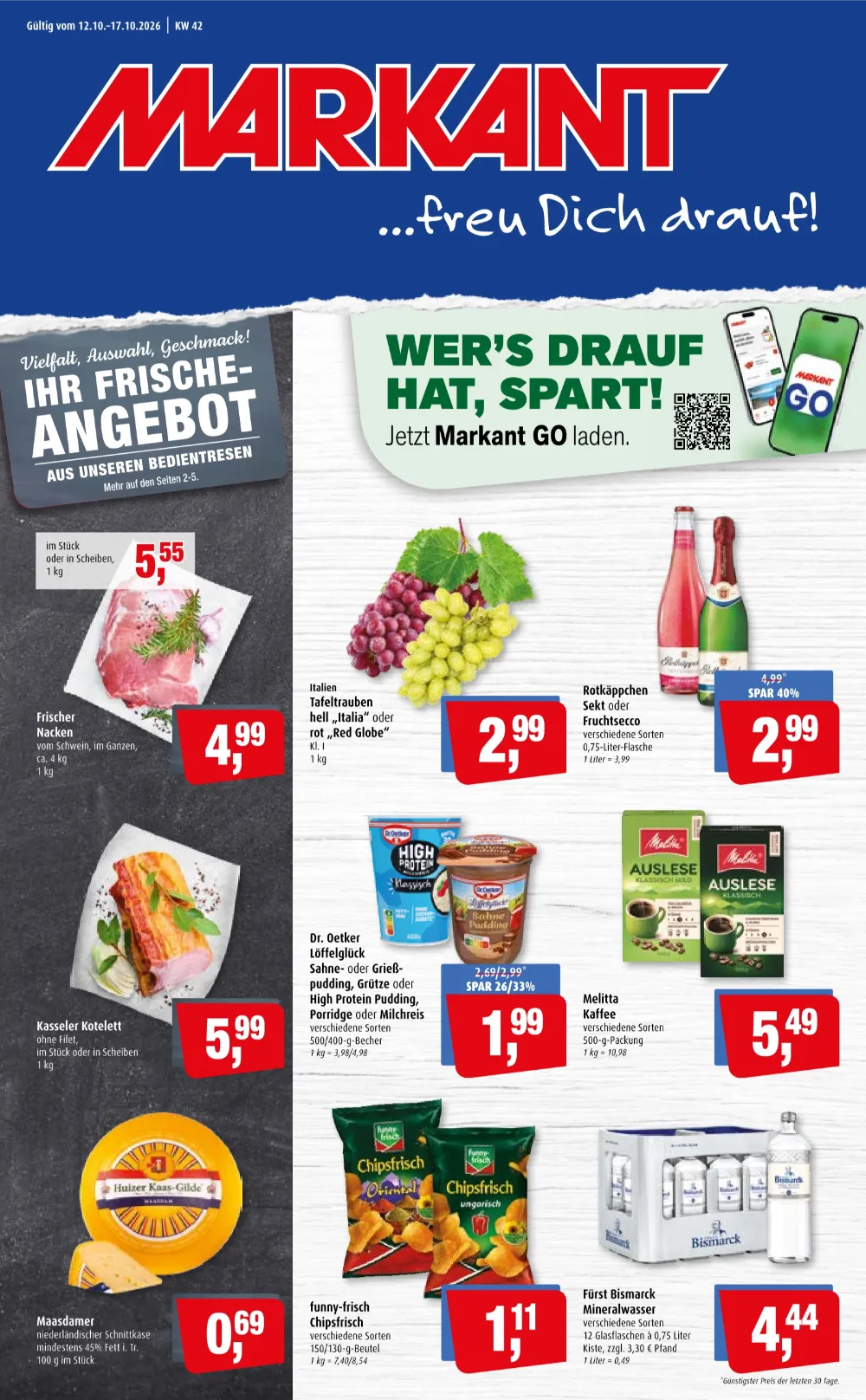 Markant Prospekt ab 12.10.2026 Seite 1 mit Frischem Nacken, Kasseler Kotelett, Tafeltrauben & Dr. Oetker Löffelglück