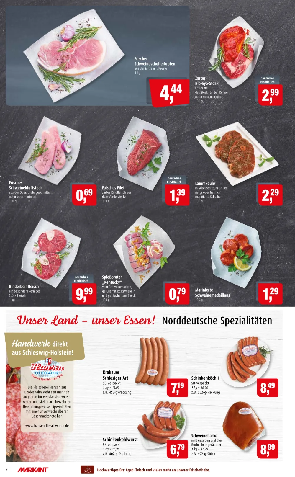 Markant Prospekt KW 42 Seite 2 mit Schweineschulterbraten, Rib-Eye-Steak, Schweinekluftsteak & Krakauer Schlesiger Art