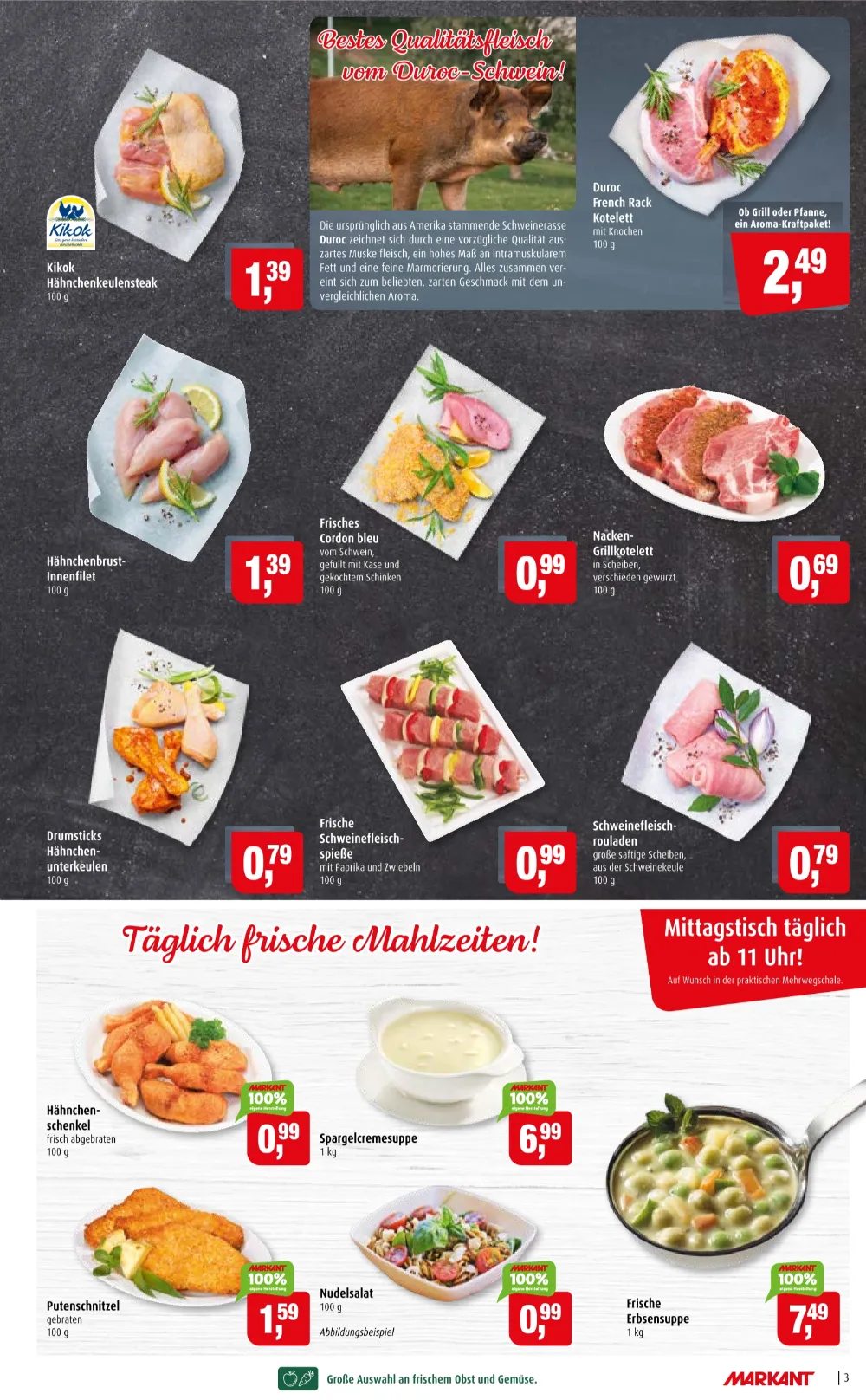 Markant Prospekt KW 42 Seite 3 mit Kikok Hähnchenkeulensteak, Duroc French Rack Kotelett & Hähnchenschenkel
