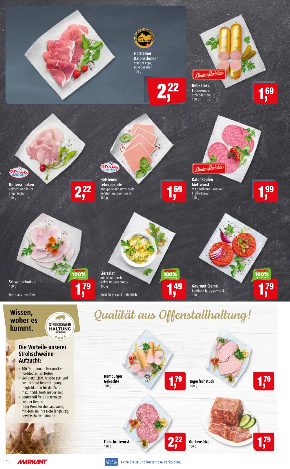 Markant Prospekt KW 42 Seite 4 mit Holsteiner Katenschinken, Delikatess Leberwurst, Hinterschinken & Schweinebraten