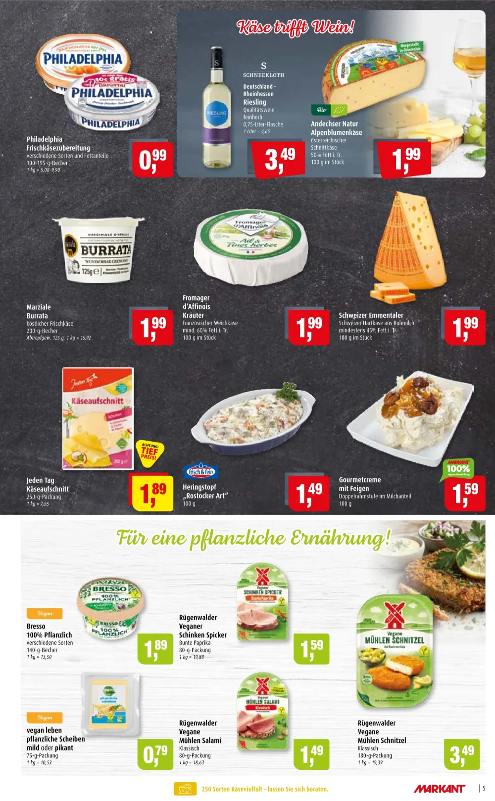 Markant Prospekt KW 42 Seite 5 mit Philadelphia Frischkäsezubereitung, Schneekloth Riesling, Marziale Burrata & Bresso