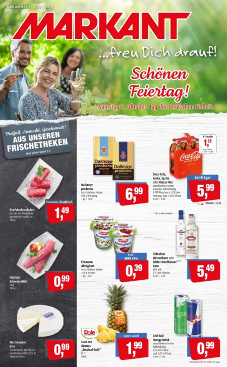 Markant Prospekt ab 28.09.2026 (KW 40) Nord Markant Prospekt ab 28.09.2026 Seite 1 mit Beefsteakrouladen, Schweinefilet, Dallmayr Kaffee, Red Bull und Ananas.