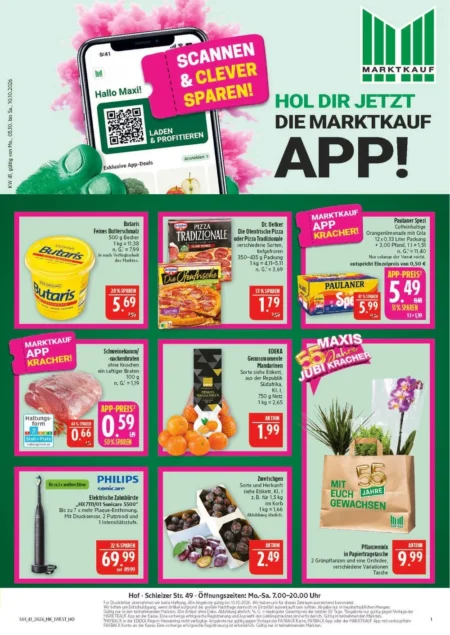 Marktkauf Hof Angebote im Prospekt ab 05.10.2026 (KW 41) Marktkauf Angebote ab 05.10.2026 Seite 1 mit Angeboten für Butaris Butterschmalz, Dr. Oetker Pizza und Paulaner Spezi.